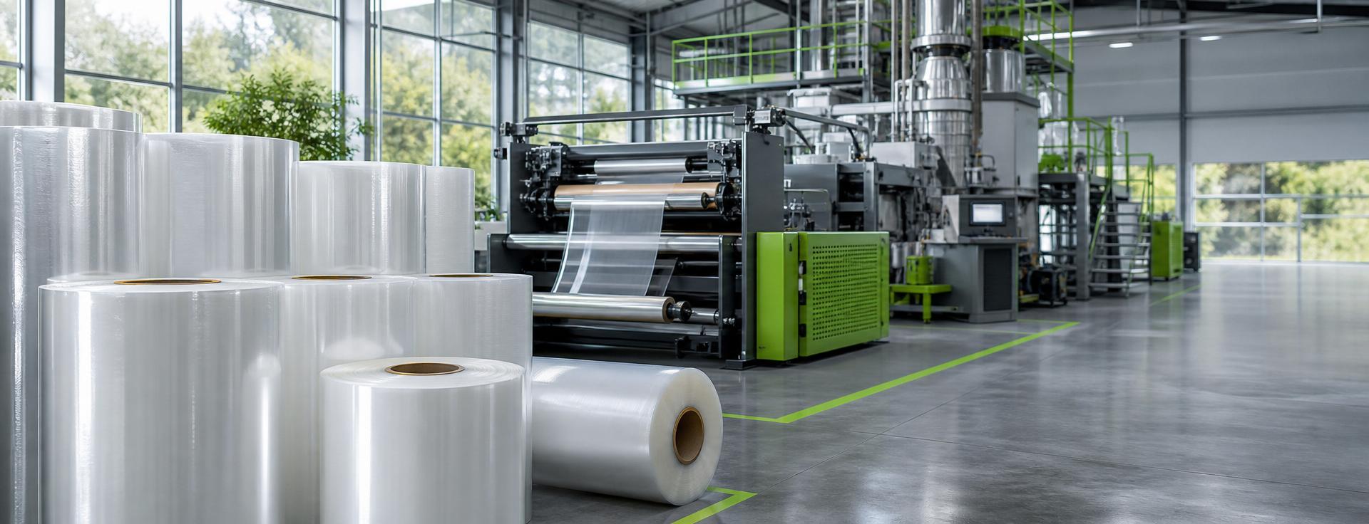 Fábrica moderna com produção organizada de embalagens plásticas flexíveis.