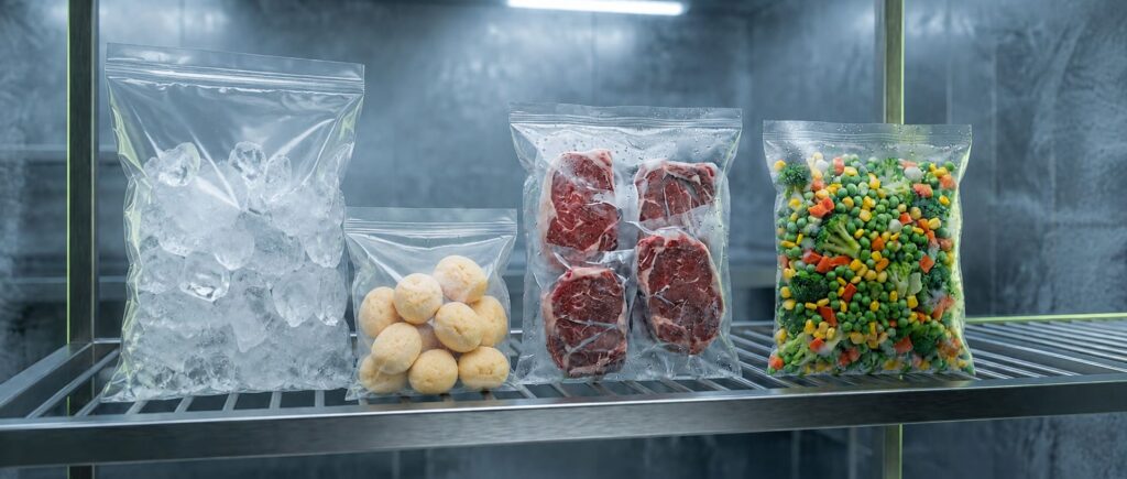 Sacos para gelo, pão de queijo e alimentos congelados em ambiente refrigerado.