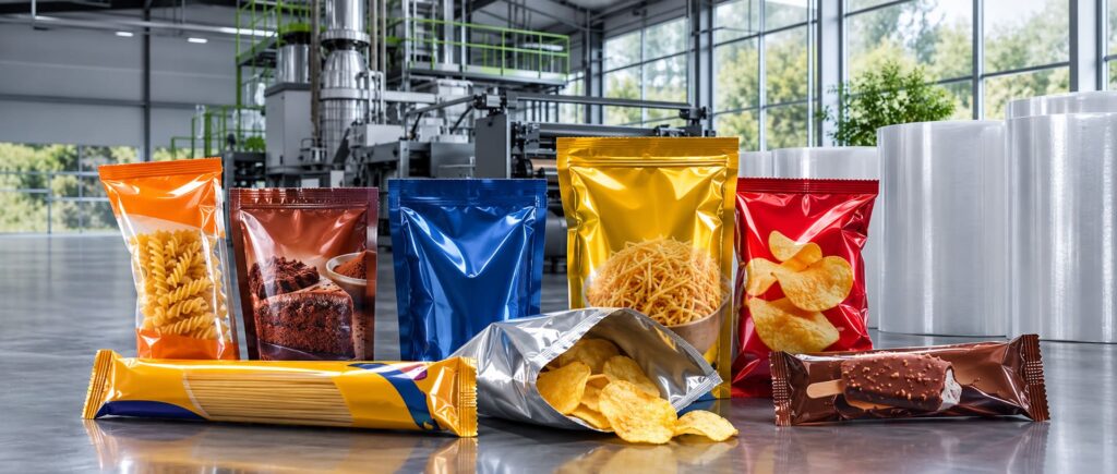 Embalagens laminadas e metalizadas para gelo, chocolate, grãos, biscoitos e pão de queijo sobre fundo industrial.