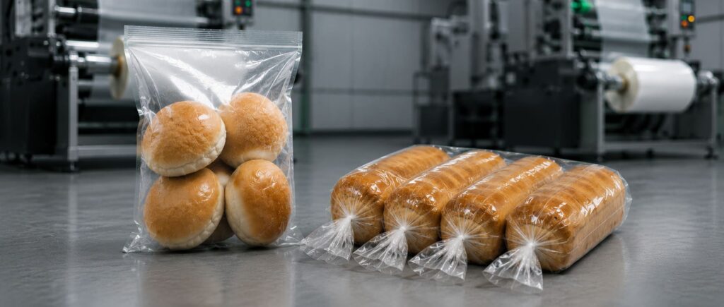Produção organizada de embalagens plásticas flexíveis em fábrica moderna.