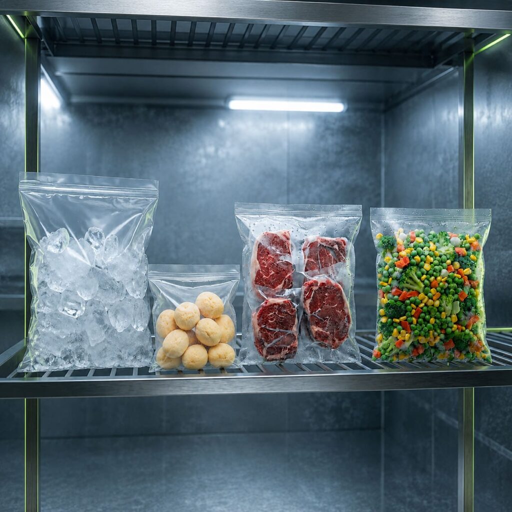 Sacos para gelo, pão de queijo e alimentos congelados em ambiente refrigerado.